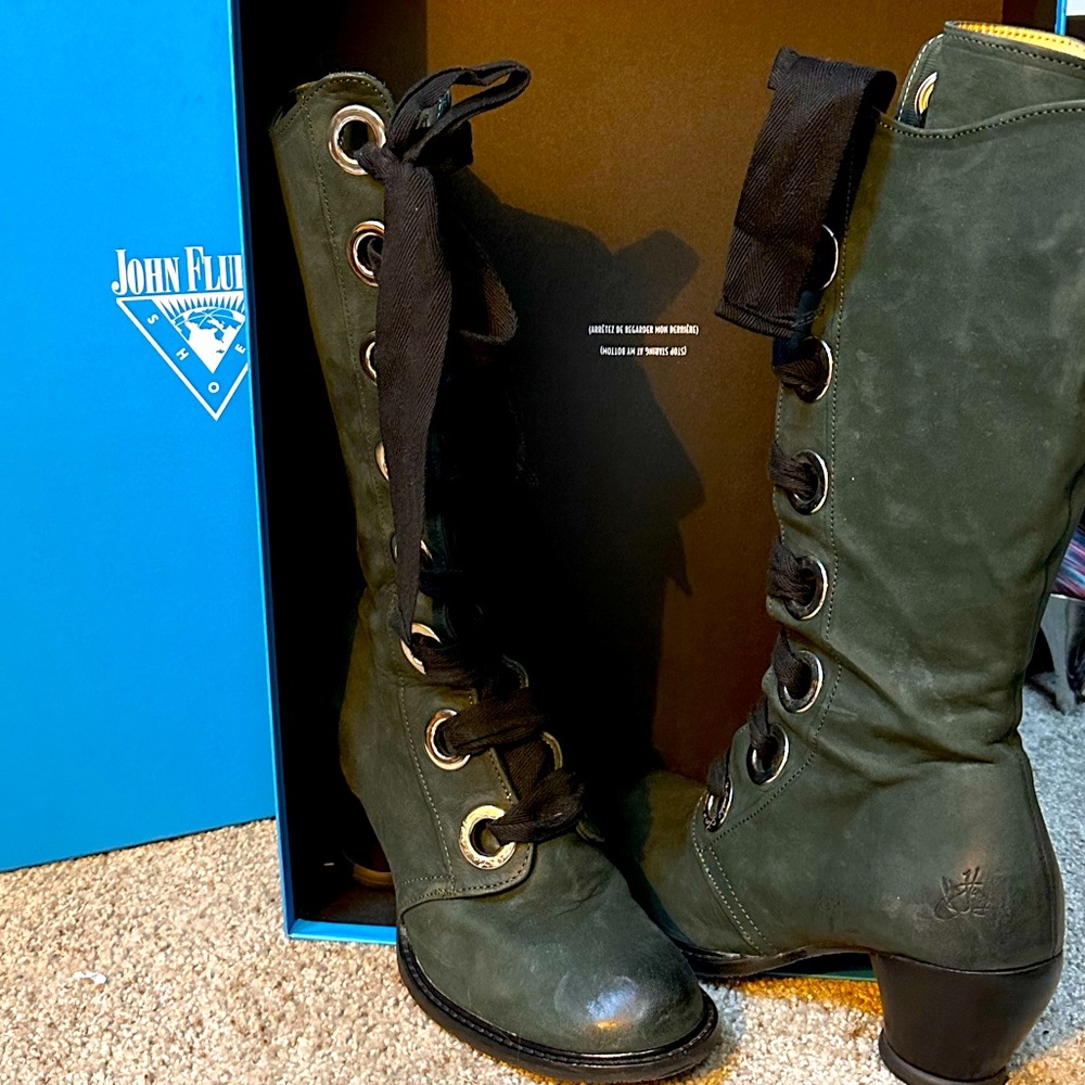 John Fluevog Green East end lace up tall boot